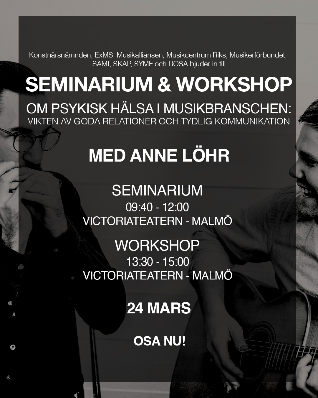 Seminarium och Workshop om musik och psykisk hälsa, Malmö och livestream 24 mars